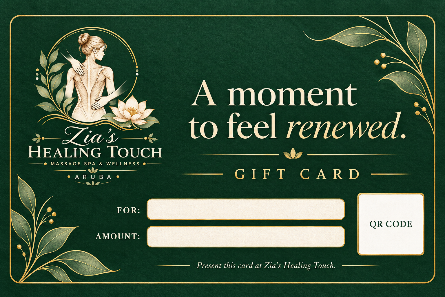 Zia’s Healing Touch gift card design with space for the recipient, amount, and QR code