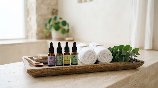 Botanical oils and towels at Zia's Healing Touch
